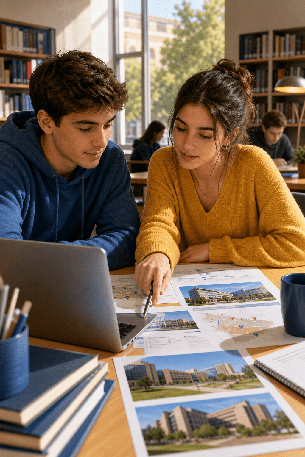 Dos estudiantes comparando alternativas de campus y grados delante de un portatil.