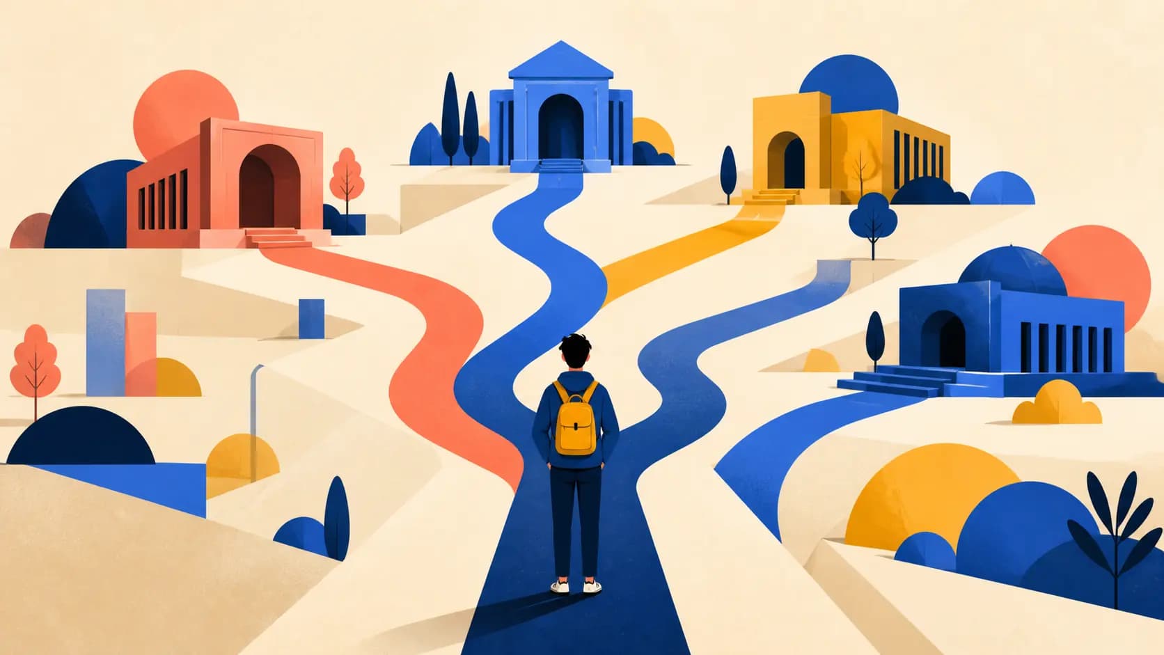 Estudiante ante varios caminos de colores que conducen a distintos edificios universitarios.