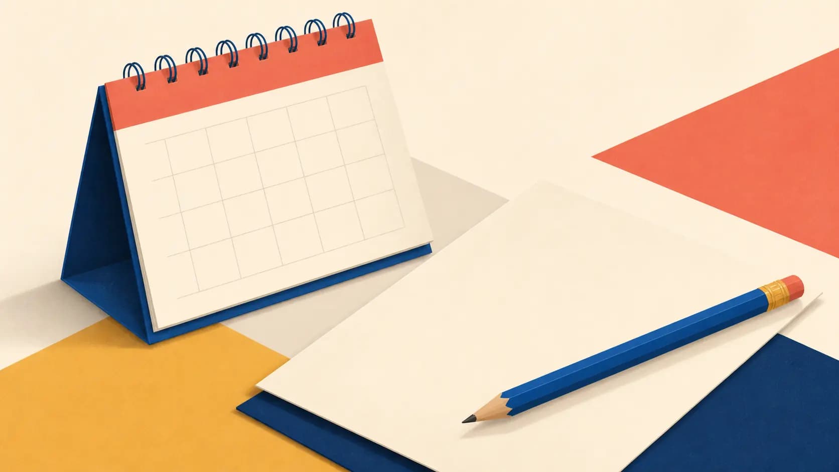 Calendario, hoja de examen y lápiz como símbolos de preparación de la fase específica.