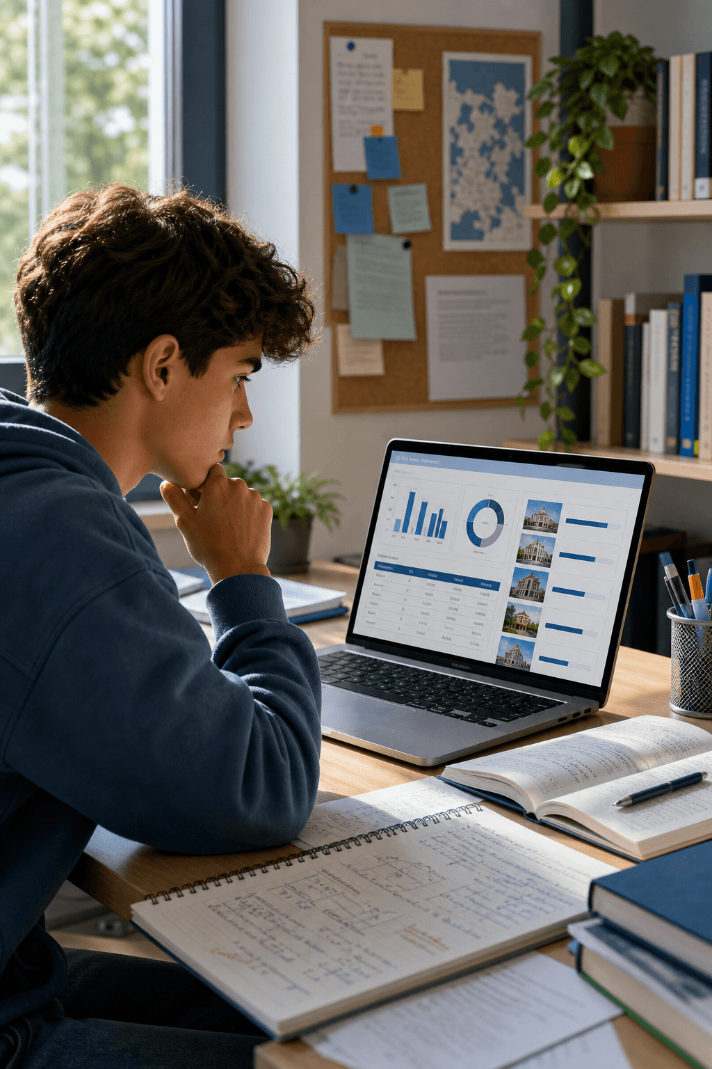 Estudiante revisando en su portatil graficos y opciones de acceso universitario.