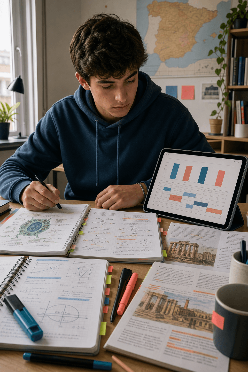 Estudiante comparando asignaturas y ponderaciones en su escritorio.
