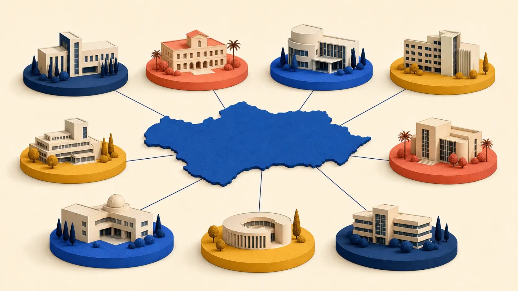 Mapa abstracto de Andalucía conectado con nueve edificios universitarios.