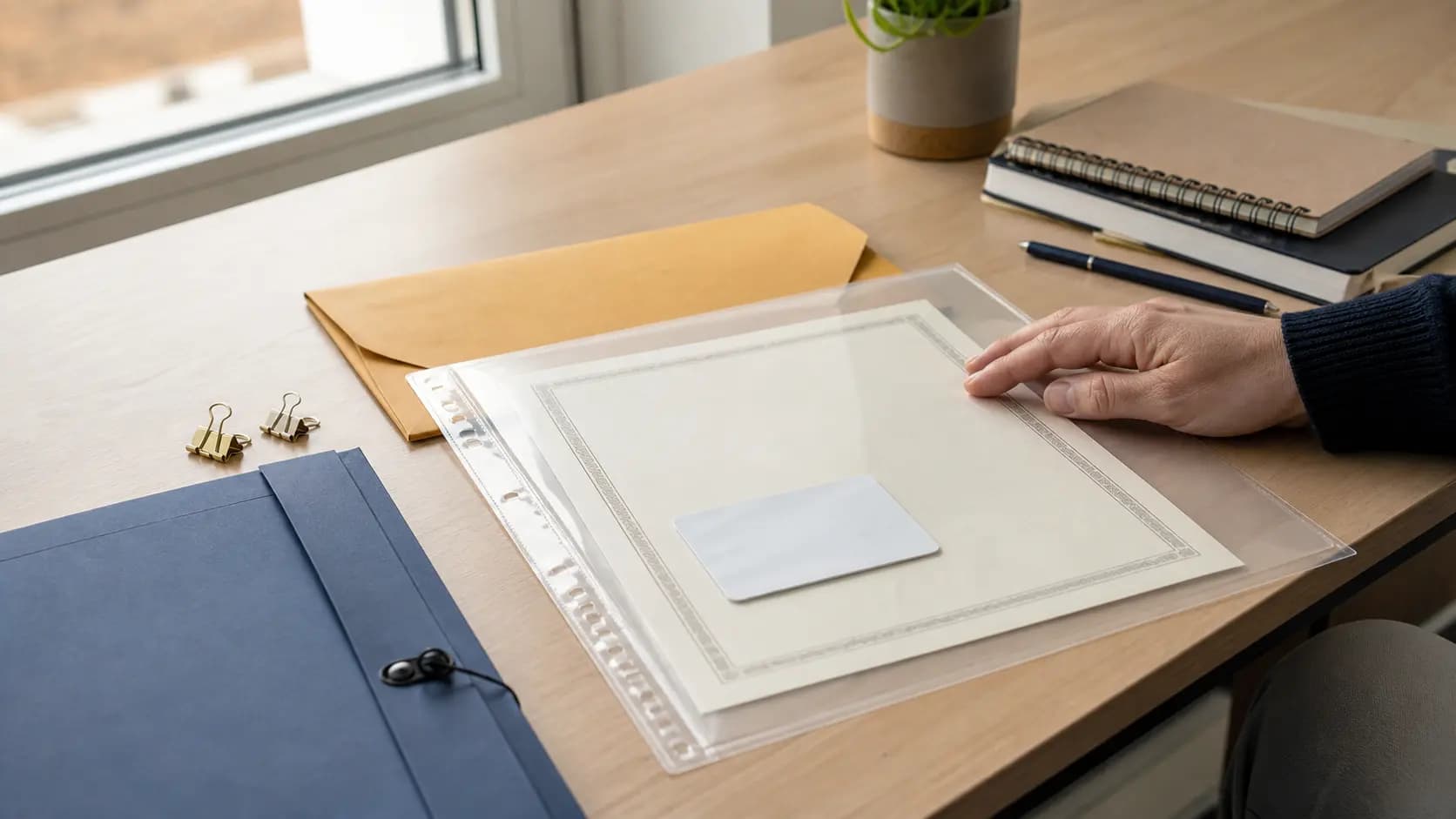 Carpeta de documentos y comprobantes ordenados junto a una pantalla de preinscripción.